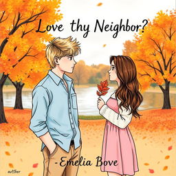 A drawn book cover featuring two young adults in an autumn setting