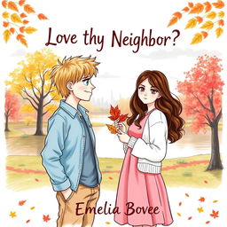 A drawn book cover featuring two young adults in an autumn setting