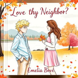 A drawn book cover featuring two young adults in an autumn setting