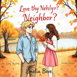 A drawn book cover featuring two young adults in an autumn setting