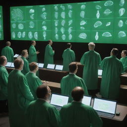 Digital art of numerous male scientists wearing matte green gowns, engrossed in fervent discussions, with their focus on a screen projecting nothing but bright white light.