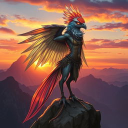 A captivating and seductive Aarakocra in a fantasy D&D setting, showcasing an exotic blend of avian and human features