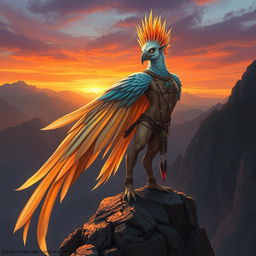 A captivating and seductive Aarakocra in a fantasy D&D setting, showcasing an exotic blend of avian and human features