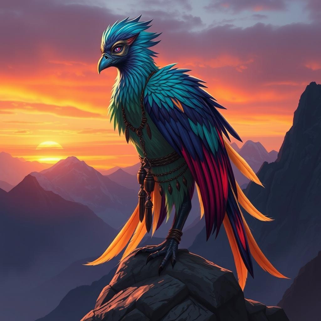 A captivating and seductive Aarakocra in a fantasy D&D setting, showcasing an exotic blend of avian and human features