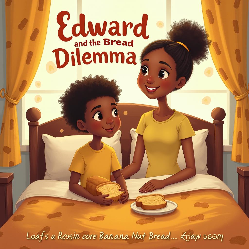 A whimsical book cover for 'Edward Pumpernickel and the Bread Dilemma,' featuring a young African American boy named Edward in his cozy bedroom, pondering over a choice between loaves of raisin and banana nut bread