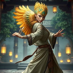 A strikingly alluring female Aarakocra monk in a fantasy D&D setting, seamlessly merging elegance with power