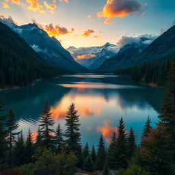 Create a stunning landscape of a serene mountain lake surrounded by lush forests