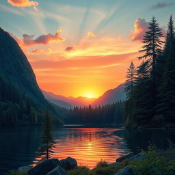 Create a stunning landscape of a serene mountain lake surrounded by lush forests