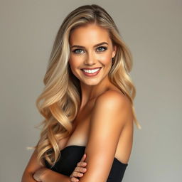 A beautiful blonde woman with a radiant smile, standing in an elegant pose