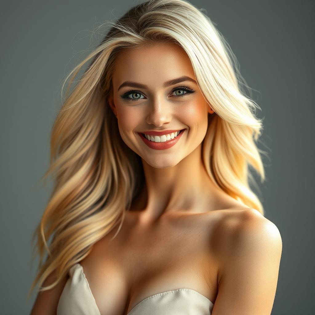 A beautiful blonde woman with a radiant smile, standing in an elegant pose