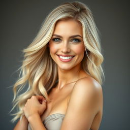 A beautiful blonde woman with a radiant smile, standing in an elegant pose