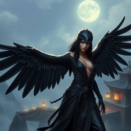 A seductive raven Aarakocra monk in a fantasy D&D setting, with an impressive wingspan that highlights her avian majesty