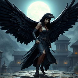 A seductive raven Aarakocra monk in a fantasy D&D setting, with an impressive wingspan that highlights her avian majesty