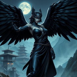 A seductive raven Aarakocra monk in a fantasy D&D setting, with an impressive wingspan that highlights her avian majesty