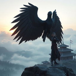 An impressive raven Aarakocra monk in a fantasy D&D setting, showcasing its vast wingspan which is an embodiment of both grace and power