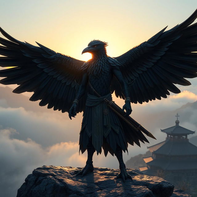 An impressive raven Aarakocra monk in a fantasy D&D setting, showcasing its vast wingspan which is an embodiment of both grace and power