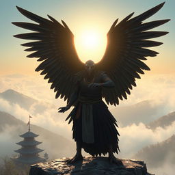 An impressive raven Aarakocra monk in a fantasy D&D setting, showcasing its vast wingspan which is an embodiment of both grace and power