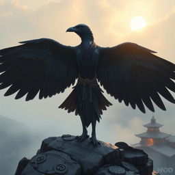 An impressive raven Aarakocra monk in a fantasy D&D setting, showcasing its vast wingspan which is an embodiment of both grace and power