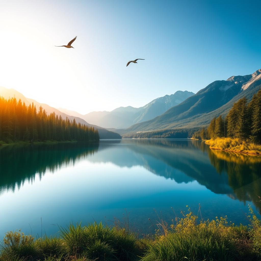 A serene landscape with a tranquil lake reflecting a clear blue sky, surrounded by lush green forests and majestic mountains in the background