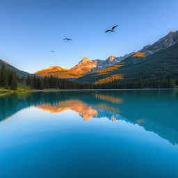 A serene landscape with a tranquil lake reflecting a clear blue sky, surrounded by lush green forests and majestic mountains in the background