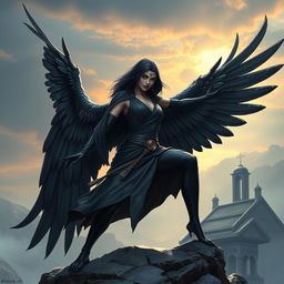 A captivating raven Aarakocra monk in a fantasy D&D setting, featuring a stunning wingspan that adds to her allure and majesty