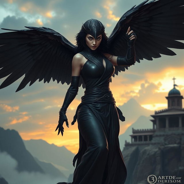 A captivating raven Aarakocra monk in a fantasy D&D setting, featuring a stunning wingspan that adds to her allure and majesty