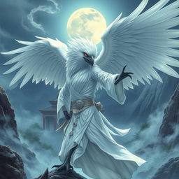 A captivating white raven Aarakocra monk in a fantasy D&D setting, with an ethereal wingspan that exudes elegance and power