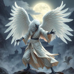 A captivating white raven Aarakocra monk in a fantasy D&D setting, with an ethereal wingspan that exudes elegance and power