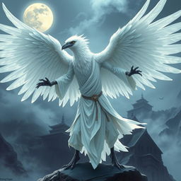 A captivating white raven Aarakocra monk in a fantasy D&D setting, with an ethereal wingspan that exudes elegance and power