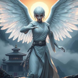 A mesmerizing white raven Aarakocra monk in a fantasy D&D setting, showcasing her impressive wingspan with an aura of mystery and allure