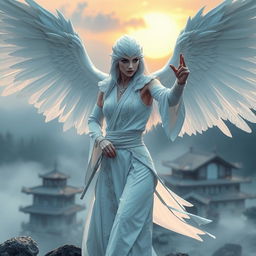 A mesmerizing white raven Aarakocra monk in a fantasy D&D setting, showcasing her impressive wingspan with an aura of mystery and allure