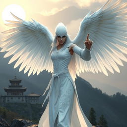 A mesmerizing white raven Aarakocra monk in a fantasy D&D setting, showcasing her impressive wingspan with an aura of mystery and allure