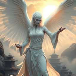 A mesmerizing white raven Aarakocra monk in a fantasy D&D setting, showcasing her impressive wingspan with an aura of mystery and allure