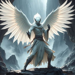 An alluring white raven-headed Aarakocra monk in a fantasy D&D setting, striking an impressive fighting stance that showcases her magnificent wingspan