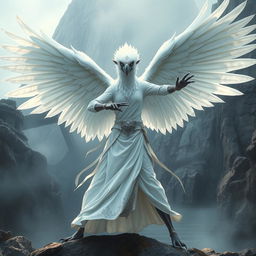 An alluring white raven-headed Aarakocra monk in a fantasy D&D setting, striking an impressive fighting stance that showcases her magnificent wingspan