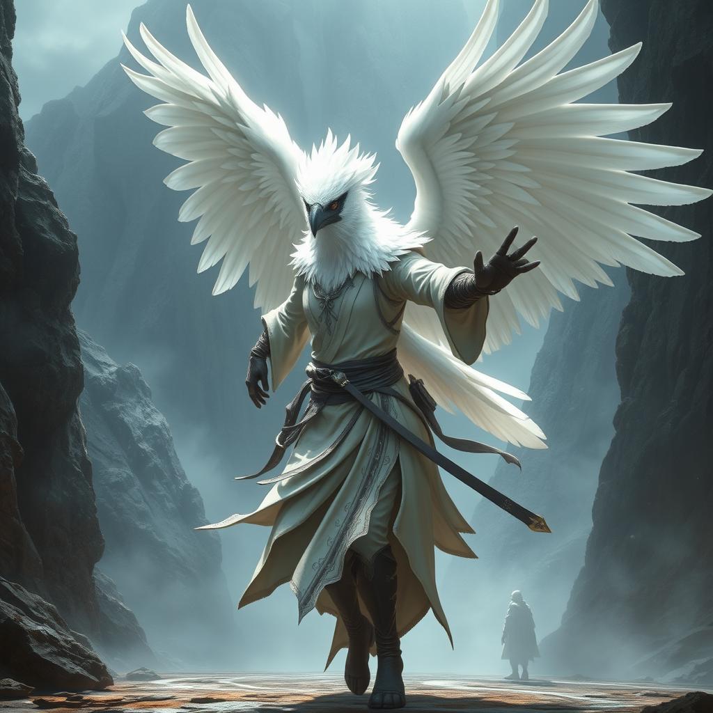 An alluring white raven-headed Aarakocra monk in a fantasy D&D setting, striking an impressive fighting stance that showcases her magnificent wingspan