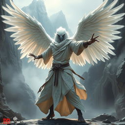 An alluring white raven-headed Aarakocra monk in a fantasy D&D setting, striking an impressive fighting stance that showcases her magnificent wingspan