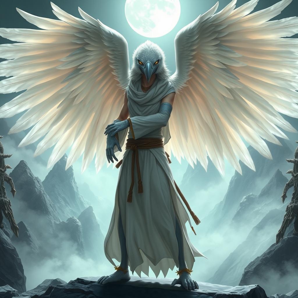 An enchanting female Aarakocra monk with a white raven head in a fantasy D&D world, showcasing her vast wingspan in an alluring fighting stance