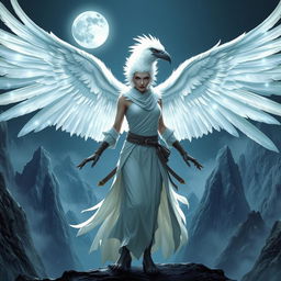 An enchanting female Aarakocra monk with a white raven head in a fantasy D&D world, showcasing her vast wingspan in an alluring fighting stance