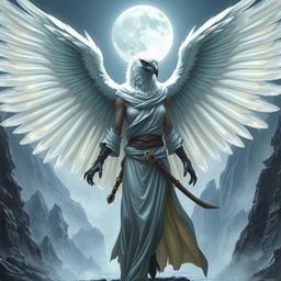 An enchanting female Aarakocra monk with a white raven head in a fantasy D&D world, showcasing her vast wingspan in an alluring fighting stance