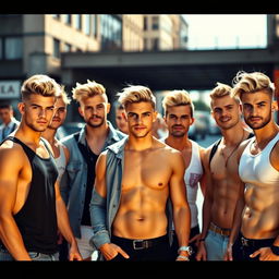 A group of attractive, fit, and stylish hot blonde men, each with unique hairstyles and confident expressions, exuding charisma and charm