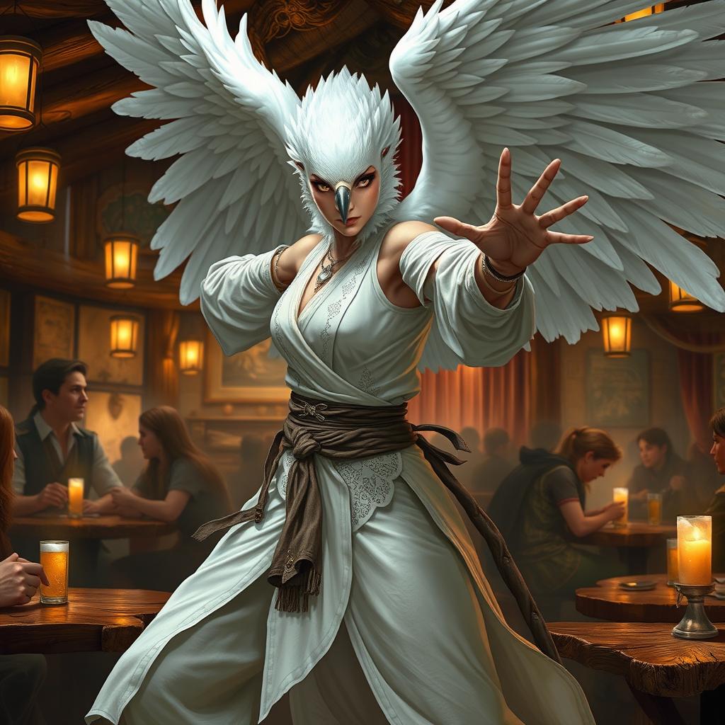 A captivating female Aarakocra monk with a white raven head, striking a seductive fighting stance with her expansive wingspan in a lively D&D tavern