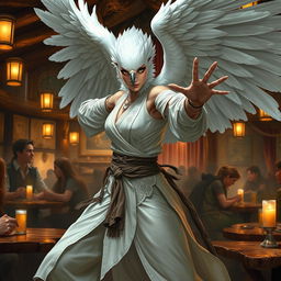 A captivating female Aarakocra monk with a white raven head, striking a seductive fighting stance with her expansive wingspan in a lively D&D tavern