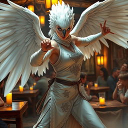 A captivating female Aarakocra monk with a white raven head, striking a seductive fighting stance with her expansive wingspan in a lively D&D tavern