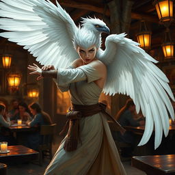 A captivating female Aarakocra monk with a white raven head, striking a seductive fighting stance with her expansive wingspan in a lively D&D tavern