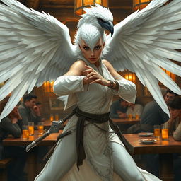 A captivating female Aarakocra monk with a white raven head, striking a seductive fighting stance with her expansive wingspan in a lively D&D tavern