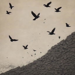 A solemn book cover portraying the Nanjing Massacre in a respectful way. Feature symbolic elements like a broken wall or black birds, in muted colours to signify the gravity of the historical event.