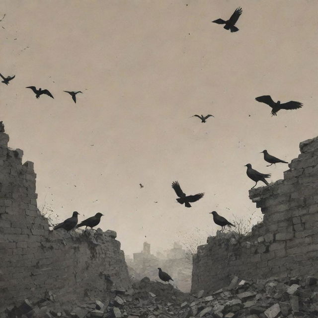 A solemn book cover portraying the Nanjing Massacre in a respectful way. Feature symbolic elements like a broken wall or black birds, in muted colours to signify the gravity of the historical event.