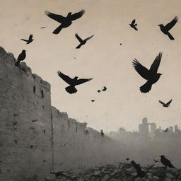 A solemn book cover portraying the Nanjing Massacre in a respectful way. Feature symbolic elements like a broken wall or black birds, in muted colours to signify the gravity of the historical event.