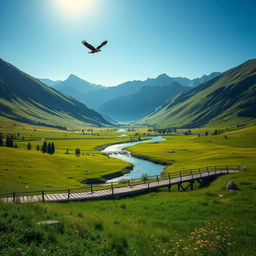 A serene landscape with a lush green valley surrounded by majestic mountains under a clear blue sky